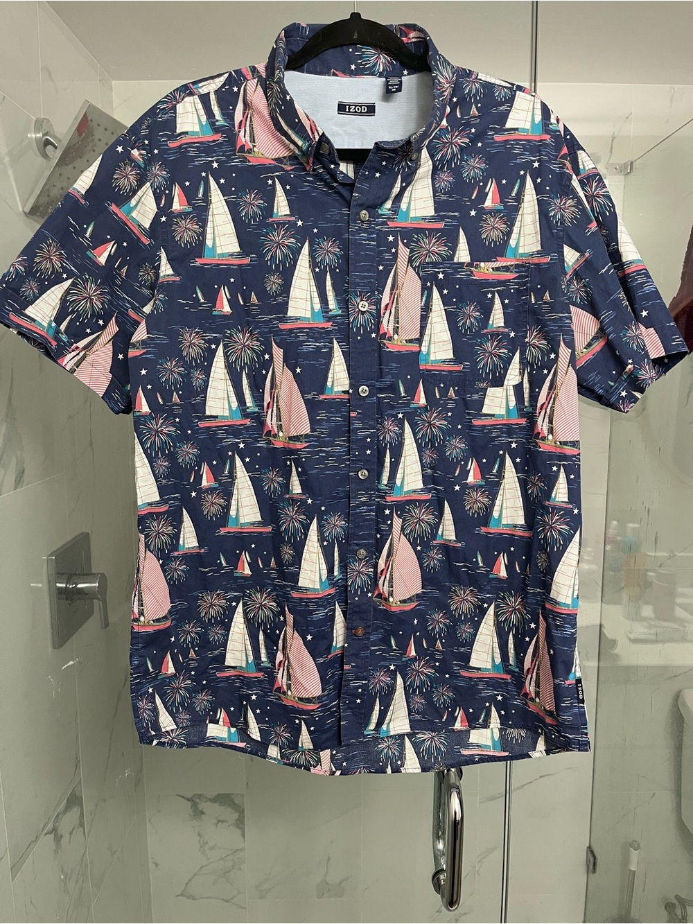 Izod Navy Short-Sleeve Button-Down with Red & White Sailboat Print